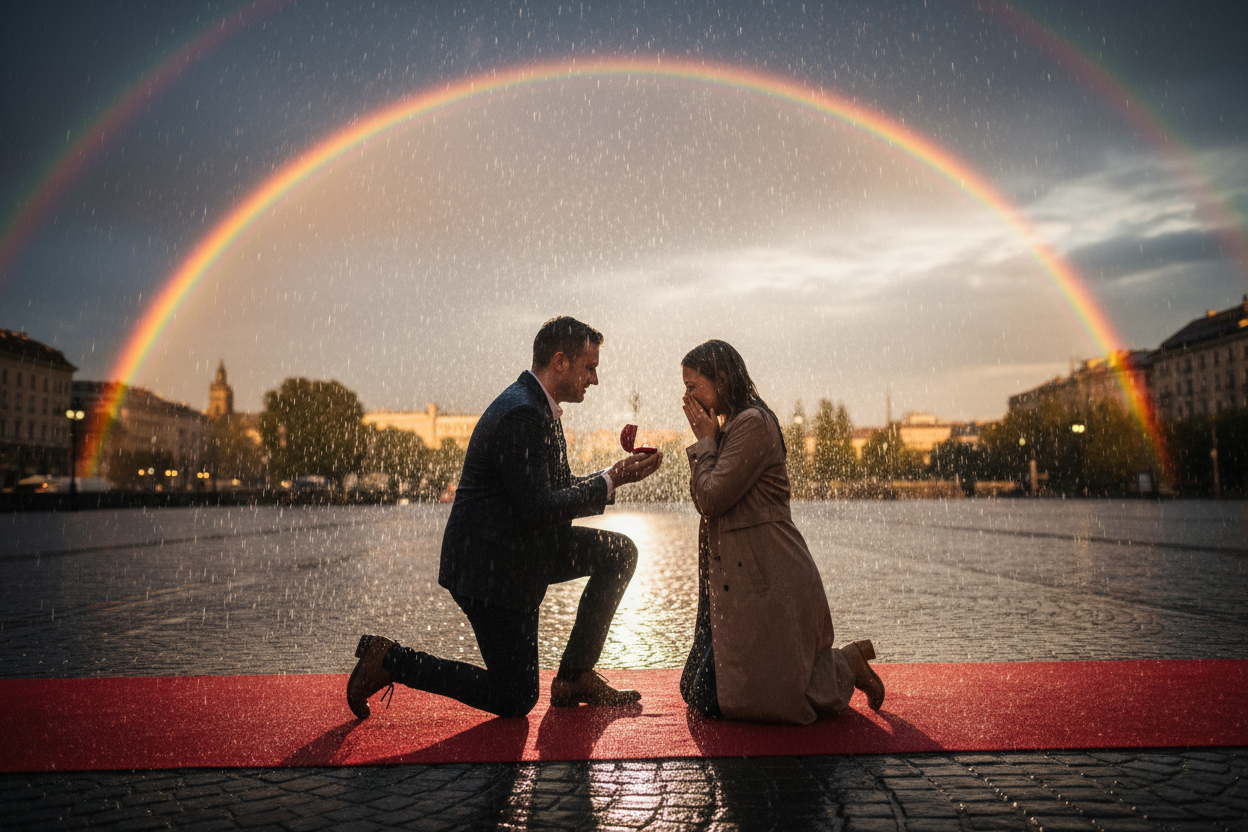 fait moi une photo un homme qui demande la main a une femme avec une bague sur un tapis rouge sous la pluie avec un arcan ciel 